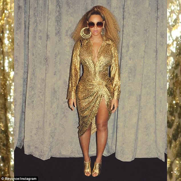 Gorgeous in gold! Beyonce flaunts her sculpted legs in curve hugging cheetah dress for Instagram