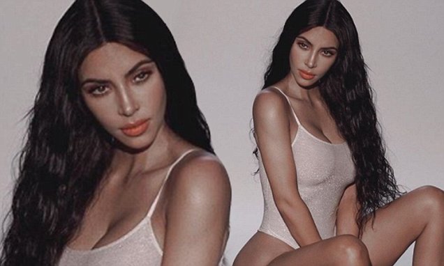 Kim Kardashian showcases her curves in nude bodysuit while promoting her KKW Beauty makeup line