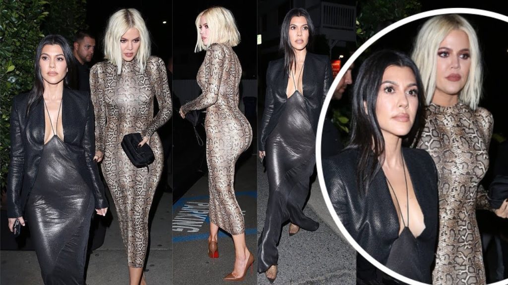 Khloe Kardashian in Snakeskin Dress as Kourtney in black leather for sensational Sisters’ night out